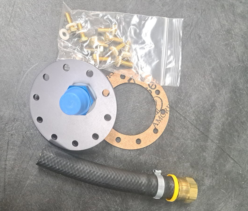 -10 AN fitting in 10 bolt round plate w/ gasket, FP182LMK