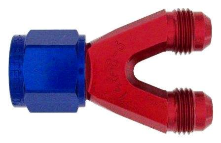 Lightweight billet aluminum "Y" fitting. -8 female out, two (2) -6 males in